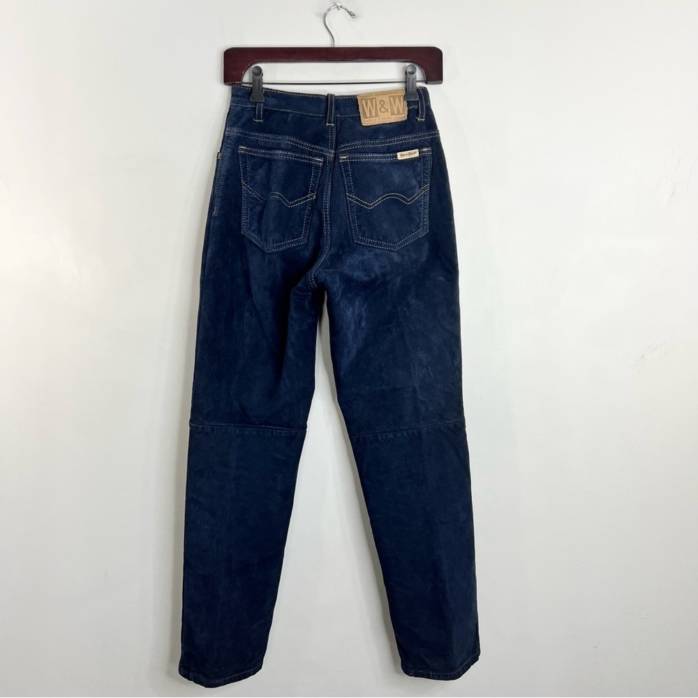 Vintage 80s 90s Wash & Wear genuine suede dark blue high rise slim fit pants 24 - Picture 5 of 15